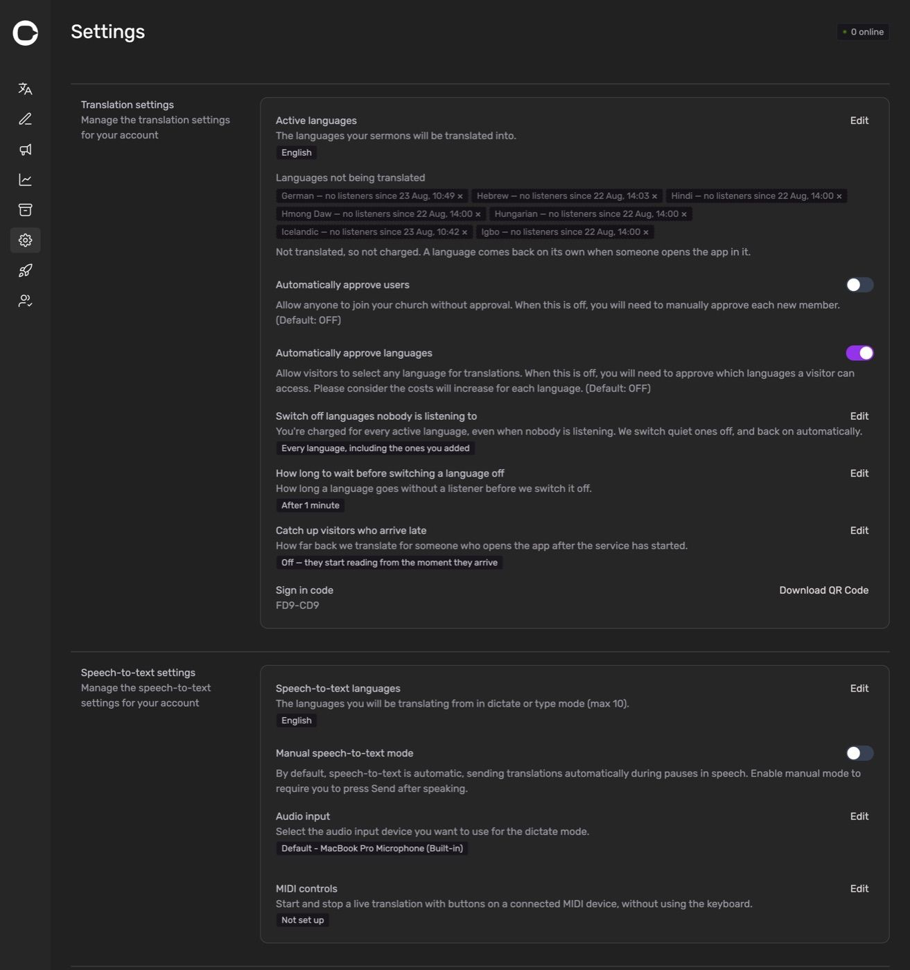 Settings page with Speech-to-text settings and Translation settings expanded