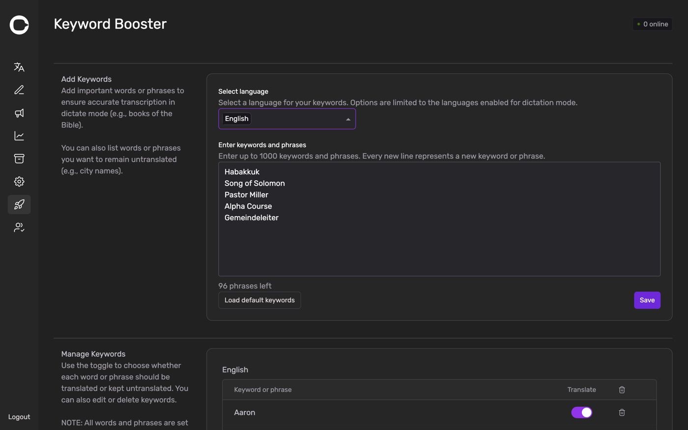 The Keyword Booster page showing the language selector, the text area and the phrases-left counter