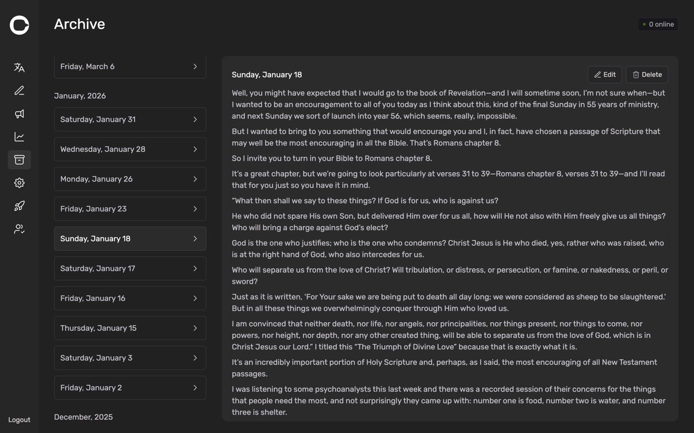 The Archive page with a service selected