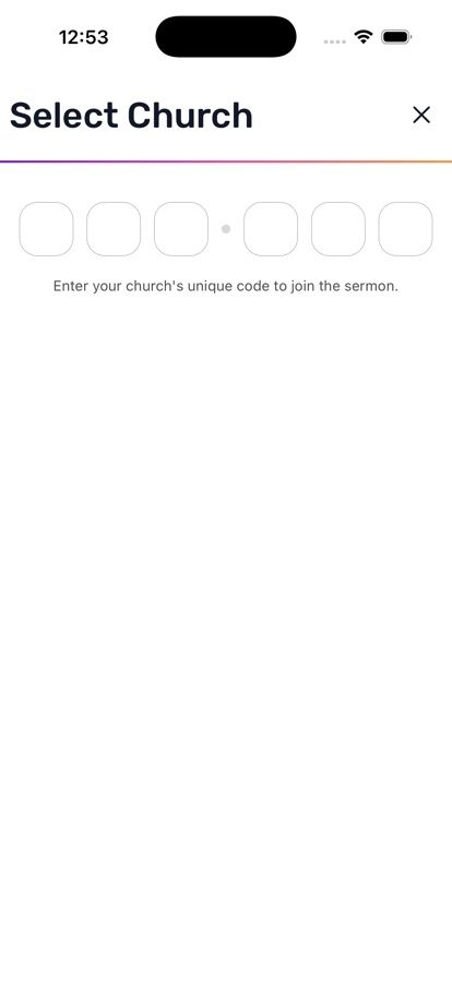 Select Church screen, with the code entry field