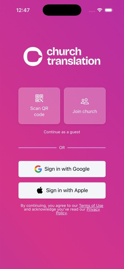 The mobile sign-in screen, showing all the sign-in buttons