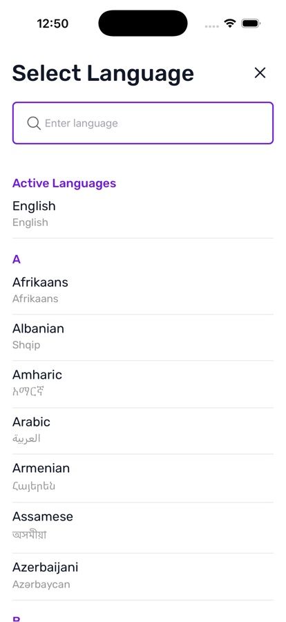 Select Language screen showing Active Languages