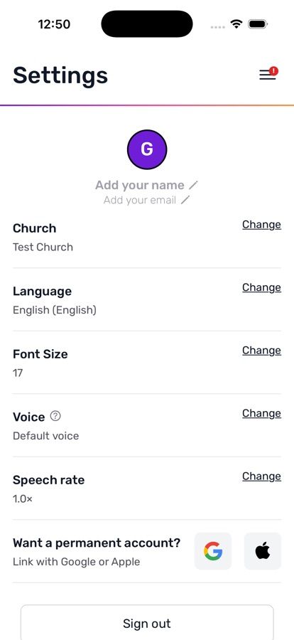 Mobile Settings, the Account section with the Want a permanent account prompt