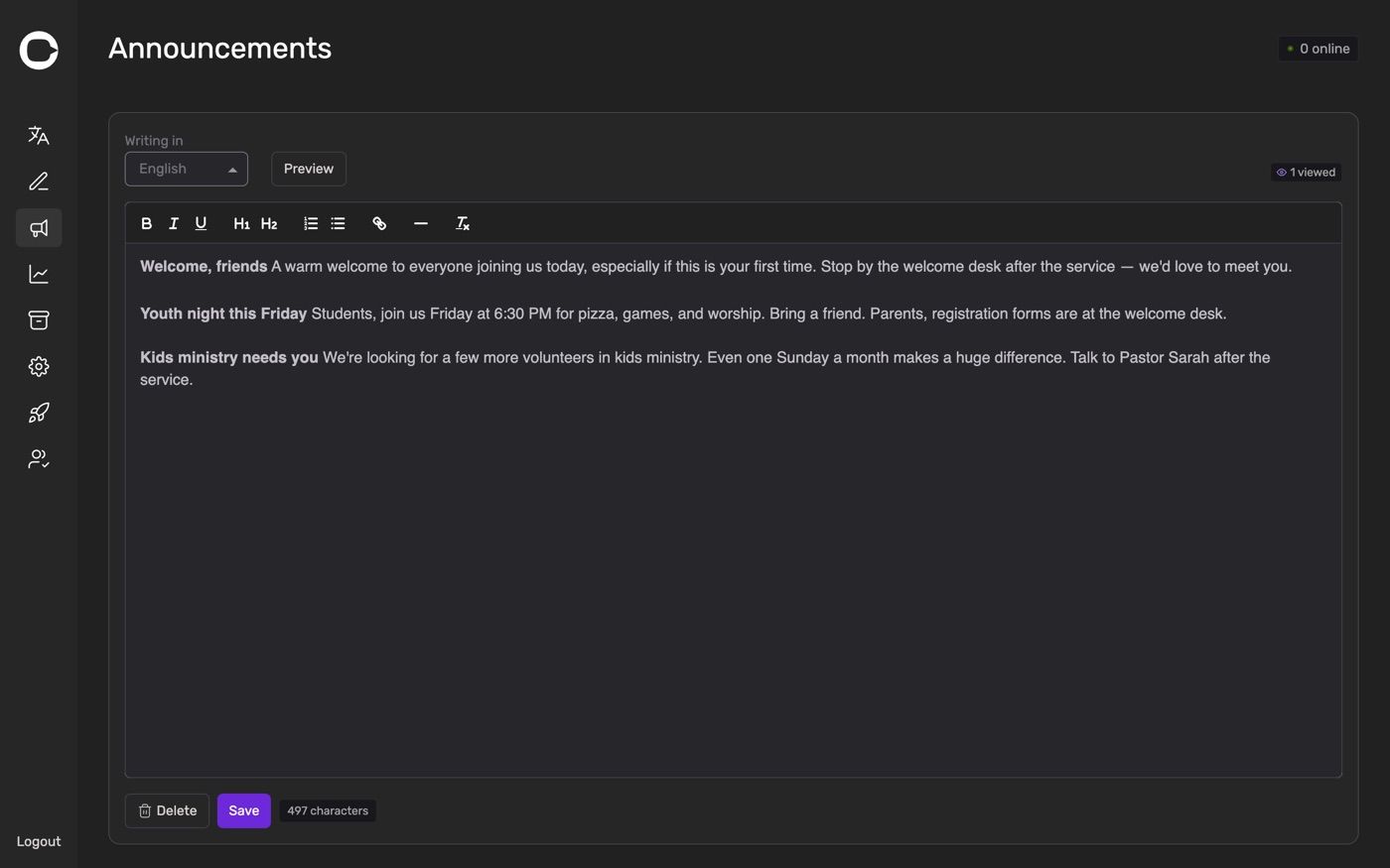 The Announcements page in edit mode, with the editor and the language selector