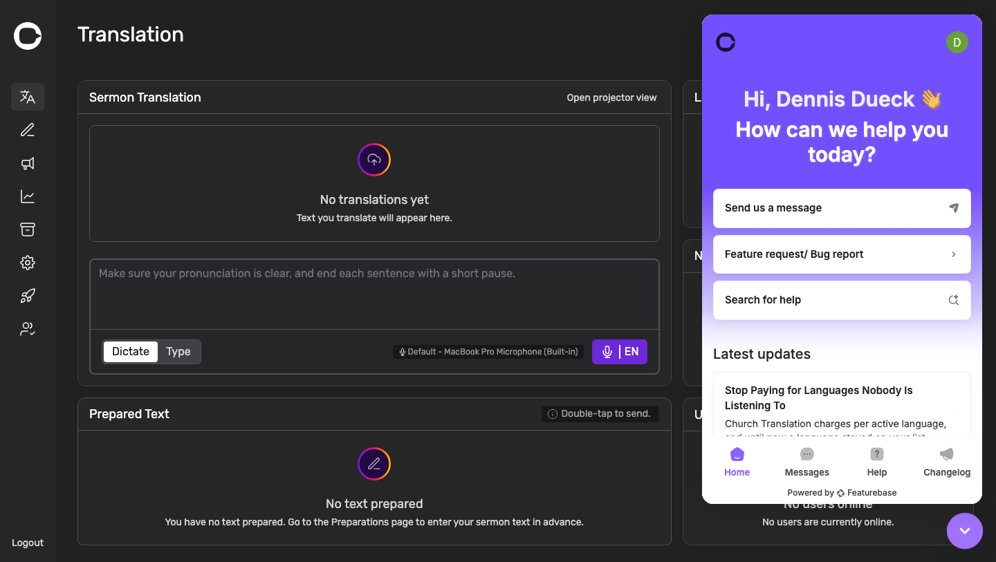 The admin dashboard with the chat bubble open: Send us a message, Feature request/ Bug report, Search for help