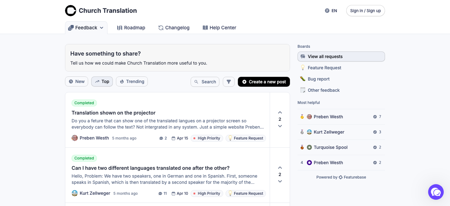 The feedback portal with the three boards and the Create a new post button