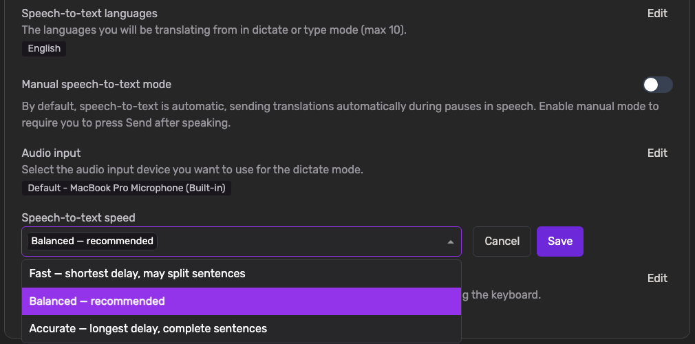 Speech-to-text speed in Settings, open with the three options Fast, Balanced and Accurate